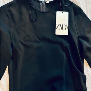 Zara Black Long-Sleeve Crewneck Top with Back Zip Detail